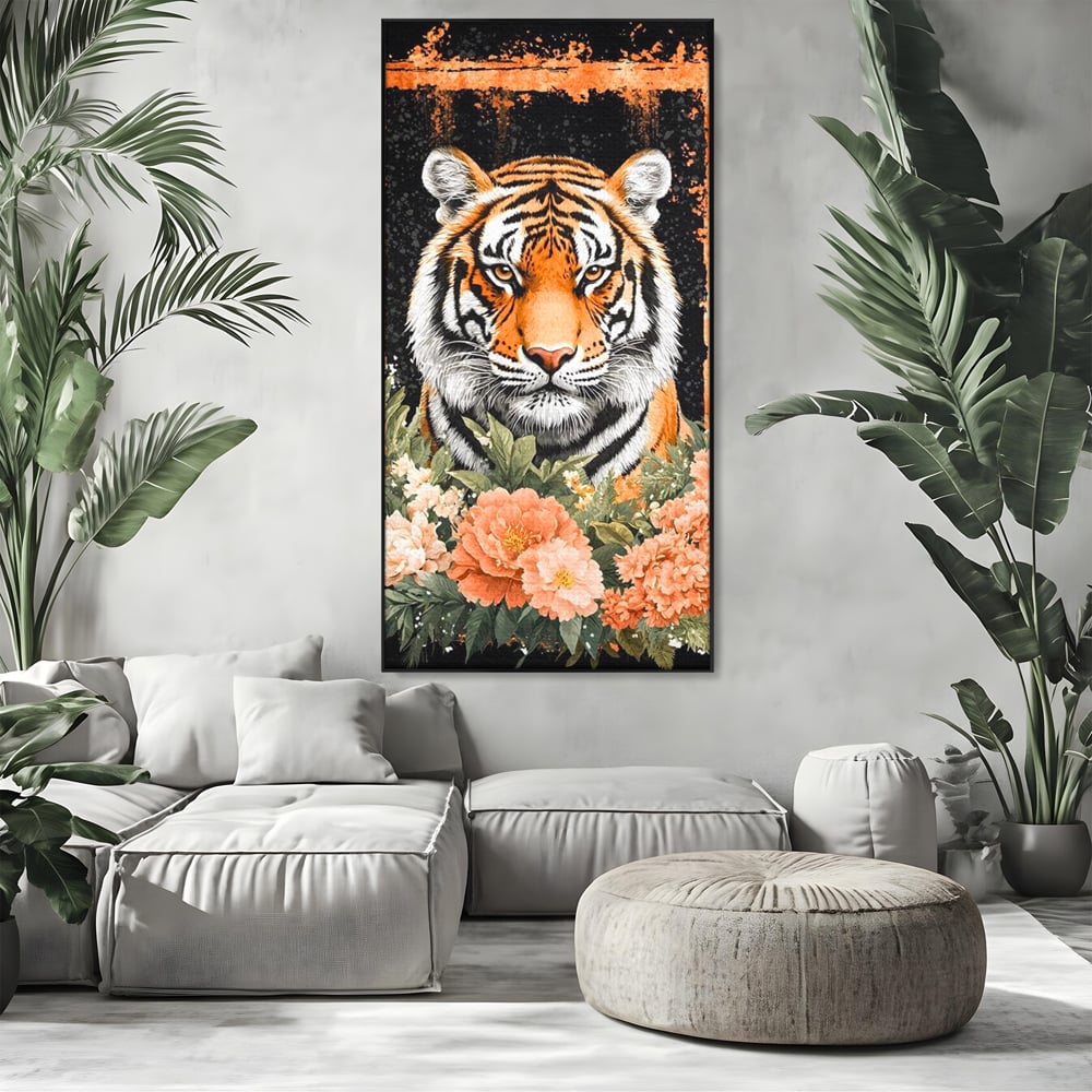Tablou canvas cu tablou canvas cu tigru si flori, in rama de aluminiu negru, pe perete intr-un living